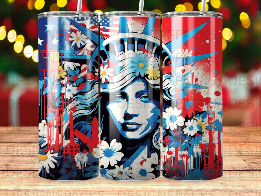 Statue of Liberty with American flag and floral accents.