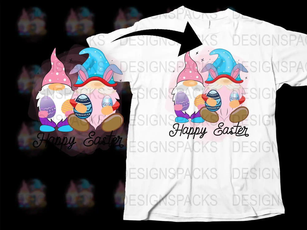 Easter gnome design with colorful eggs and 'Happy Easter' text on white t-shirt