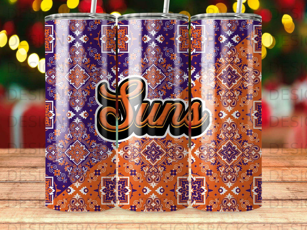 Tumbler with "Suns" logo and orange and purple paisley pattern.