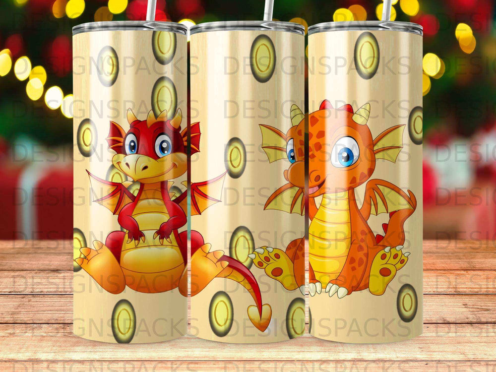 Cartoon dragon with wings, sitting on a treasure chest, on a patterned tumbler.