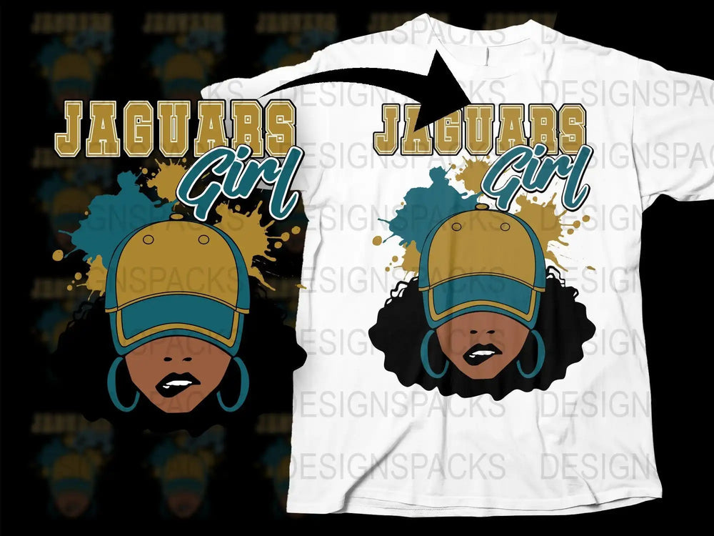Jaguars Girl t-shirt design with afro and cap, print-ready for DTG/DTF