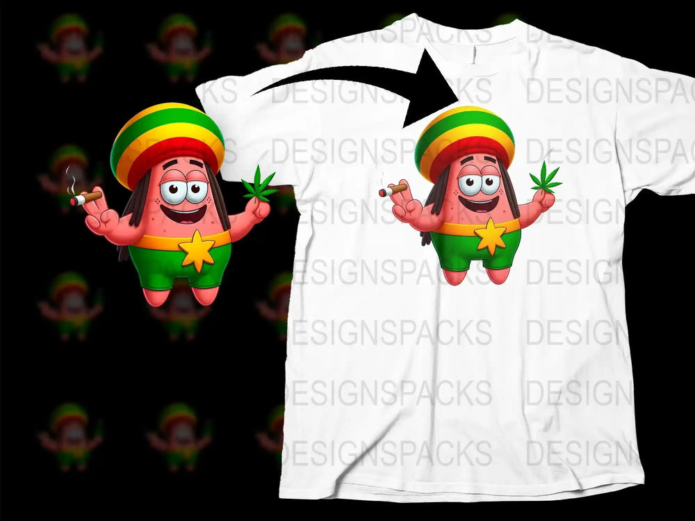 Rasta Patrick Star cartoon design on white t-shirt, print-ready for DTG/DTF, cannabis leaf & joint graphic