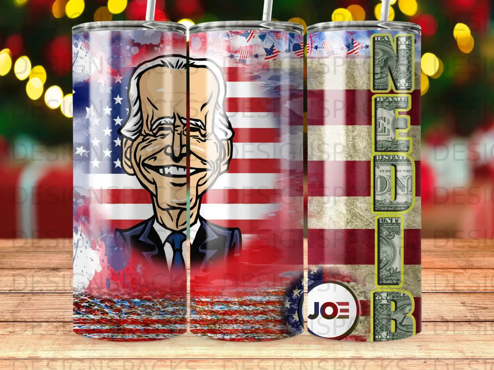 Joe Biden portrait with American flag background and patriotic design.