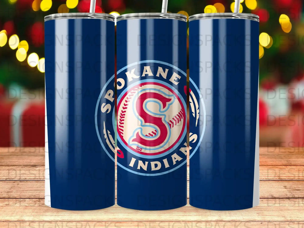 Cleveland Indians logo on a navy blue tumbler with a repeating pattern.
