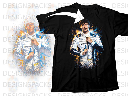 Black t-shirt with graphic of racing driver Alex Albon in white and blue suit.