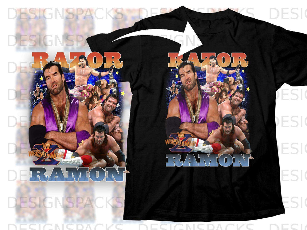 Scott Hall as Razor Ramon on a black t-shirt with "Wrestlemania" and "Ramon" text.