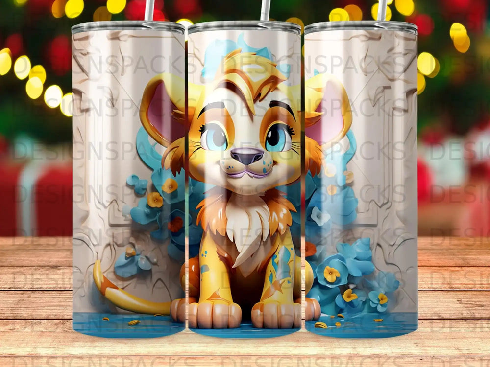 Lion cub character with blue and yellow accents on a tumbler with a floral background.