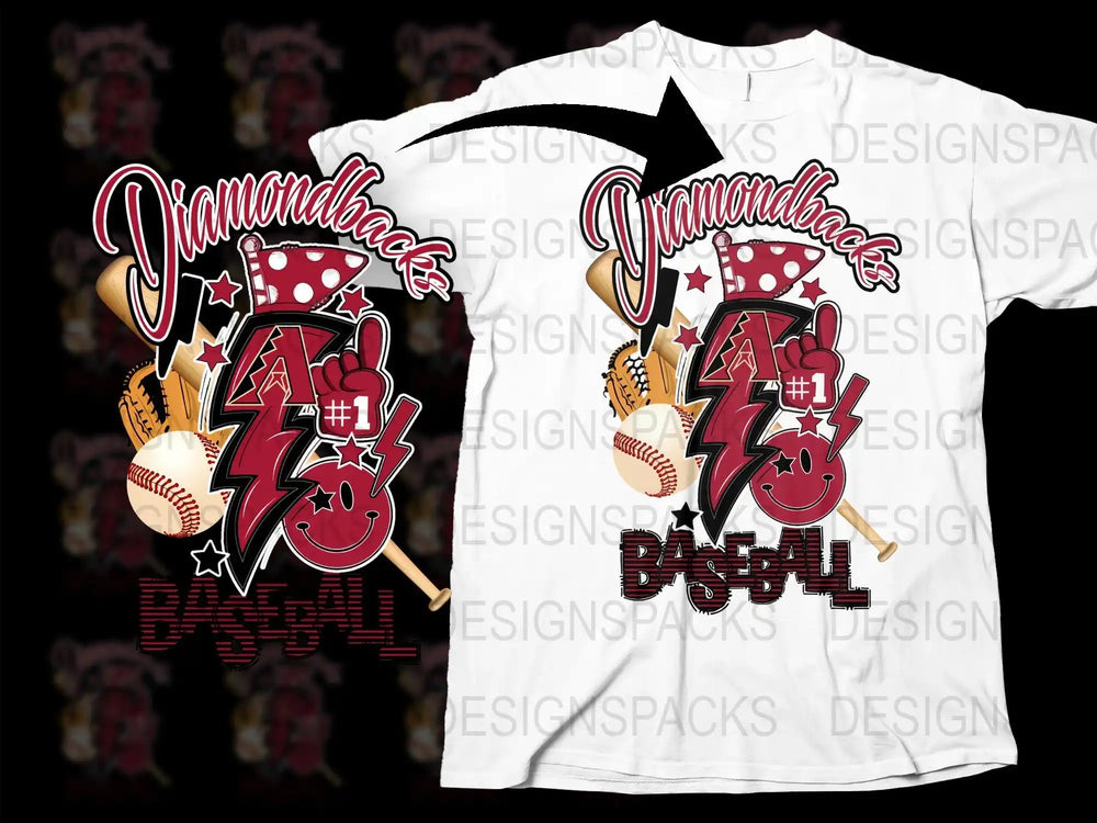 Diamondback Baseball design with bats, glove, and smiley face on white T-shirt