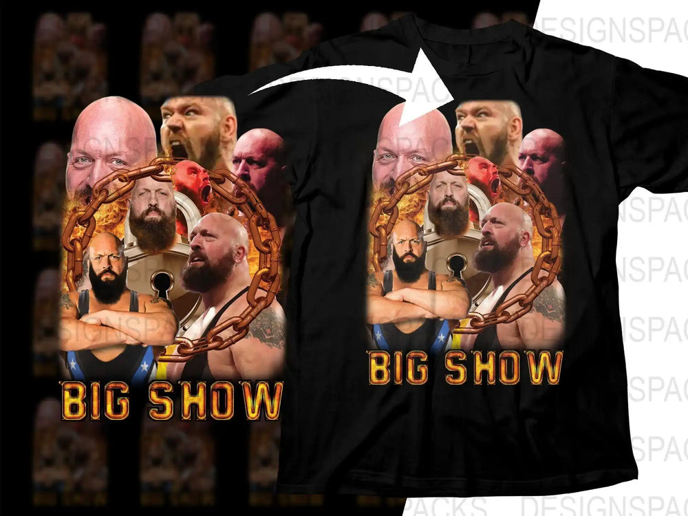 Big Show wrestling graphic t-shirt design with fiery chain art, print-ready for DTG or DTF