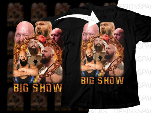 Big Show wrestling graphic t-shirt design with fiery chain art, print-ready for DTG or DTF