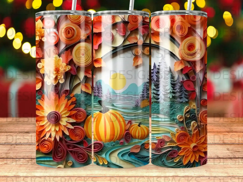 Rolled paper art scene with pumpkins, trees, and autumn foliage.