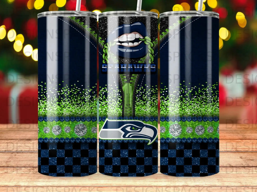 Seattle Seahawks glitter and diamond tumbler with checkered pattern.