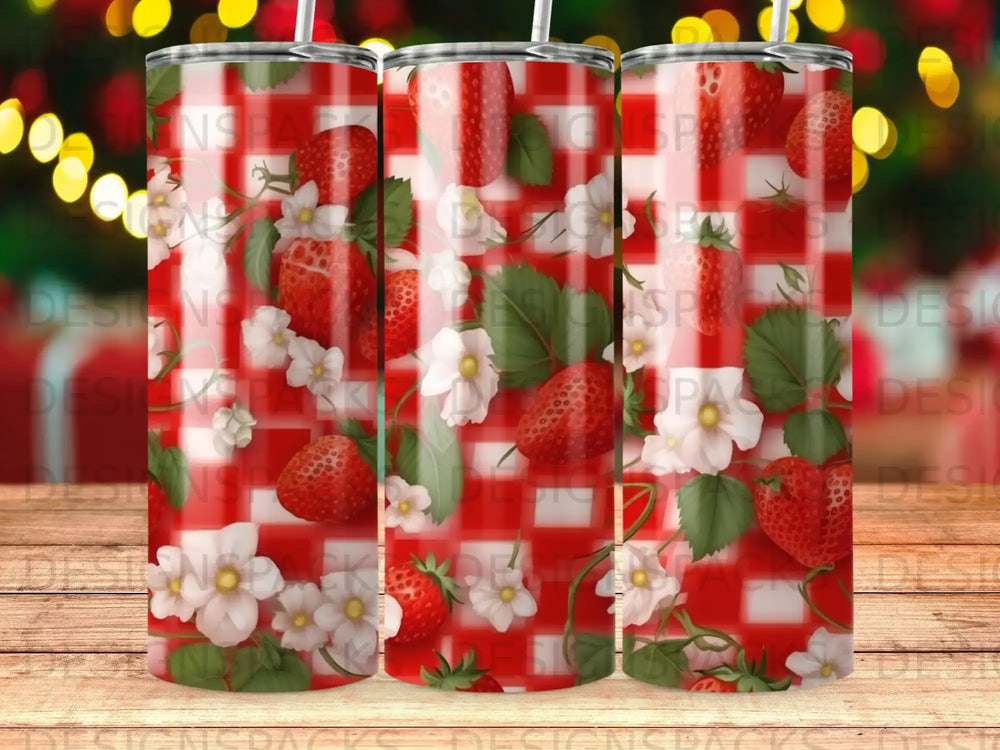 Red gingham pattern with strawberries and white flowers.