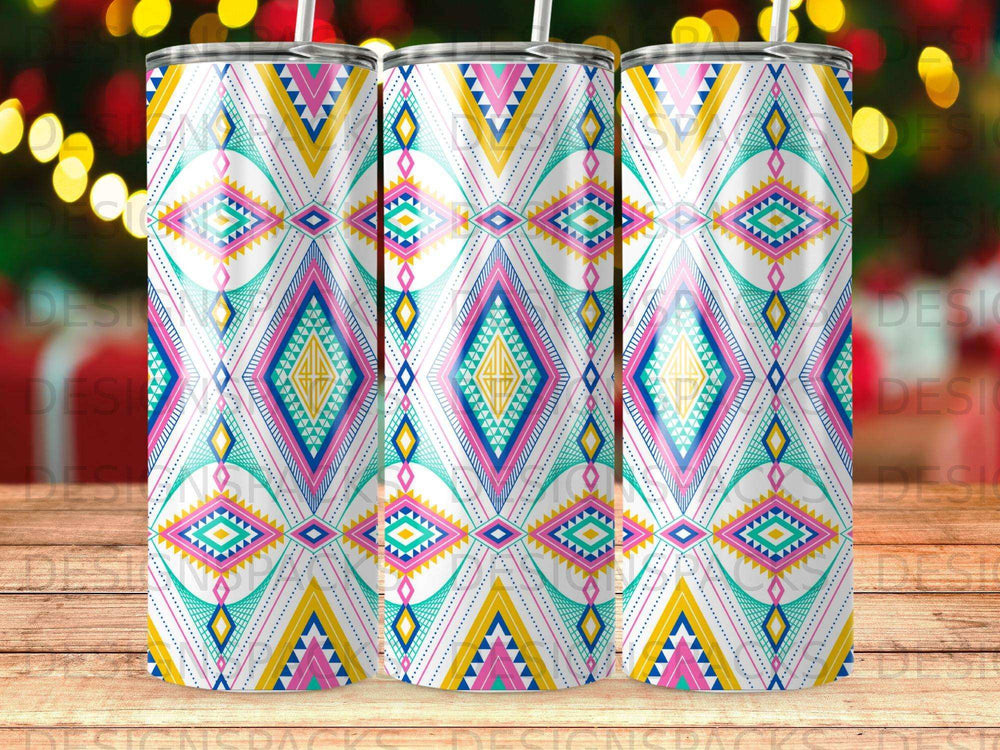 Three tumblers with a geometric pink, blue, and yellow diamond pattern.