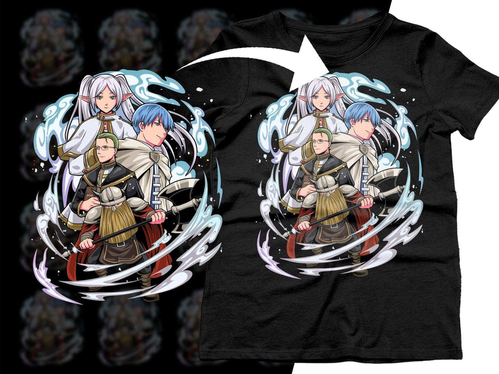 Fantasy anime characters on black t-shirt, print-ready DTF/DTG design with swirling magic effects