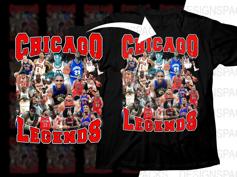 Chicago Legends basketball design for DTG/DTF t-shirt printing, featuring iconic players in vibrant collage.