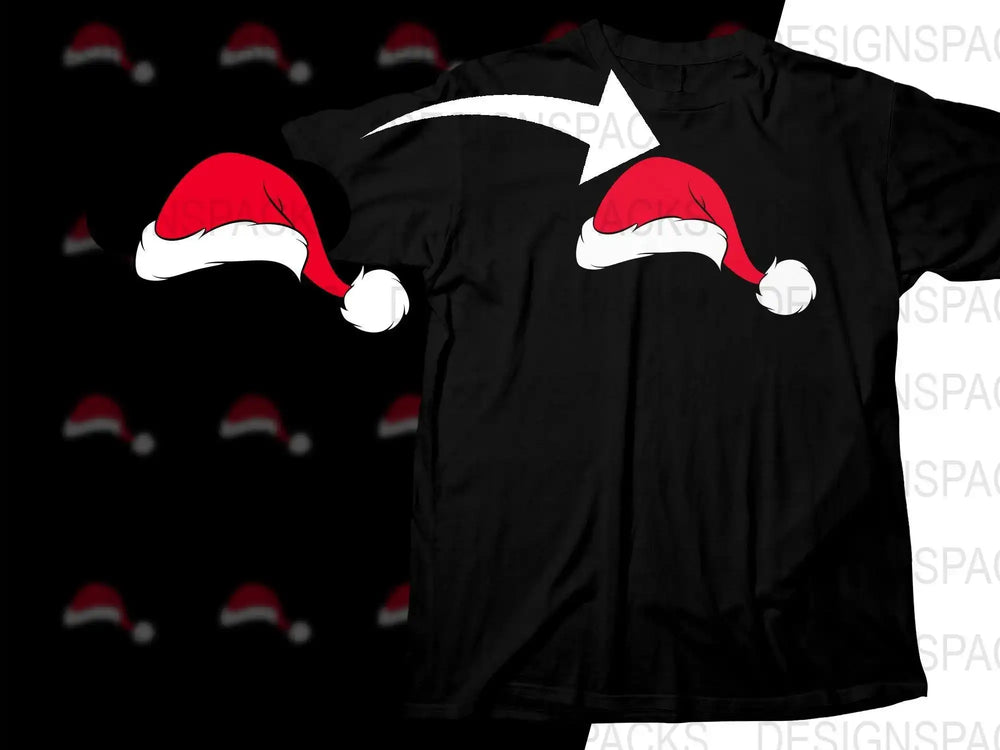 Black t-shirt with red Santa hat design, perfect for Christmas DTF/DTG printing