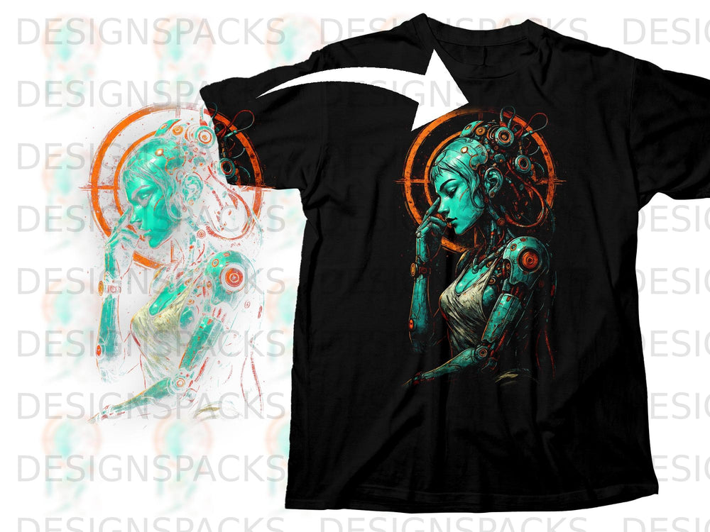 Black t-shirt featuring a robotic woman with teal skin and intricate mechanical parts.