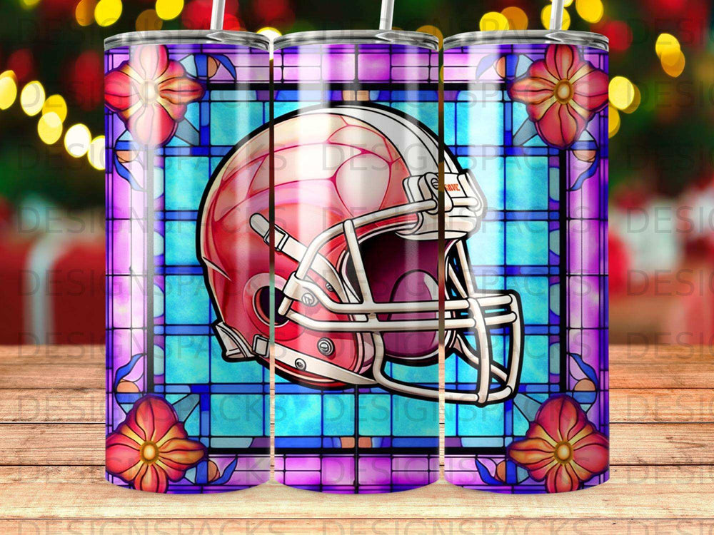 Red football helmet with stained glass pattern border and floral accents.