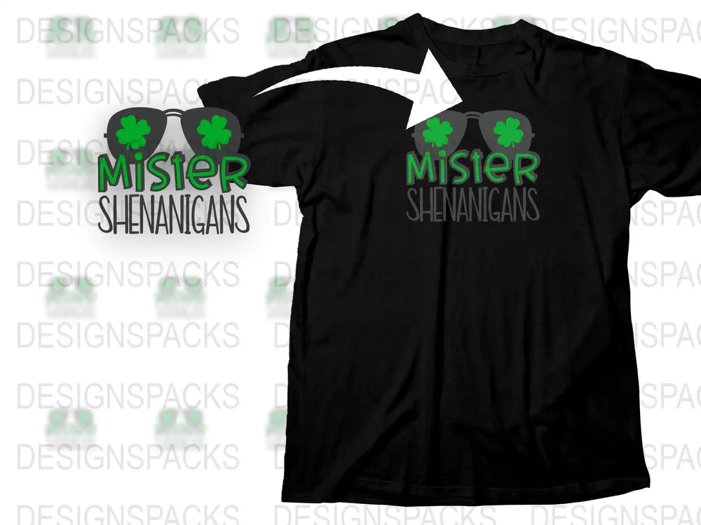 Mister Shenanigans St. Patrick's Day t-shirt design with shamrock sunglasses, print-ready for DTF/DTG.