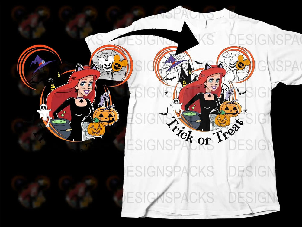 Halloween-themed t-shirt with witch design, pumpkins, and 'Trick or Treat' text for print-ready use.