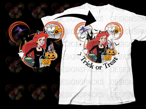 Halloween-themed t-shirt with witch design, pumpkins, and 'Trick or Treat' text for print-ready use.