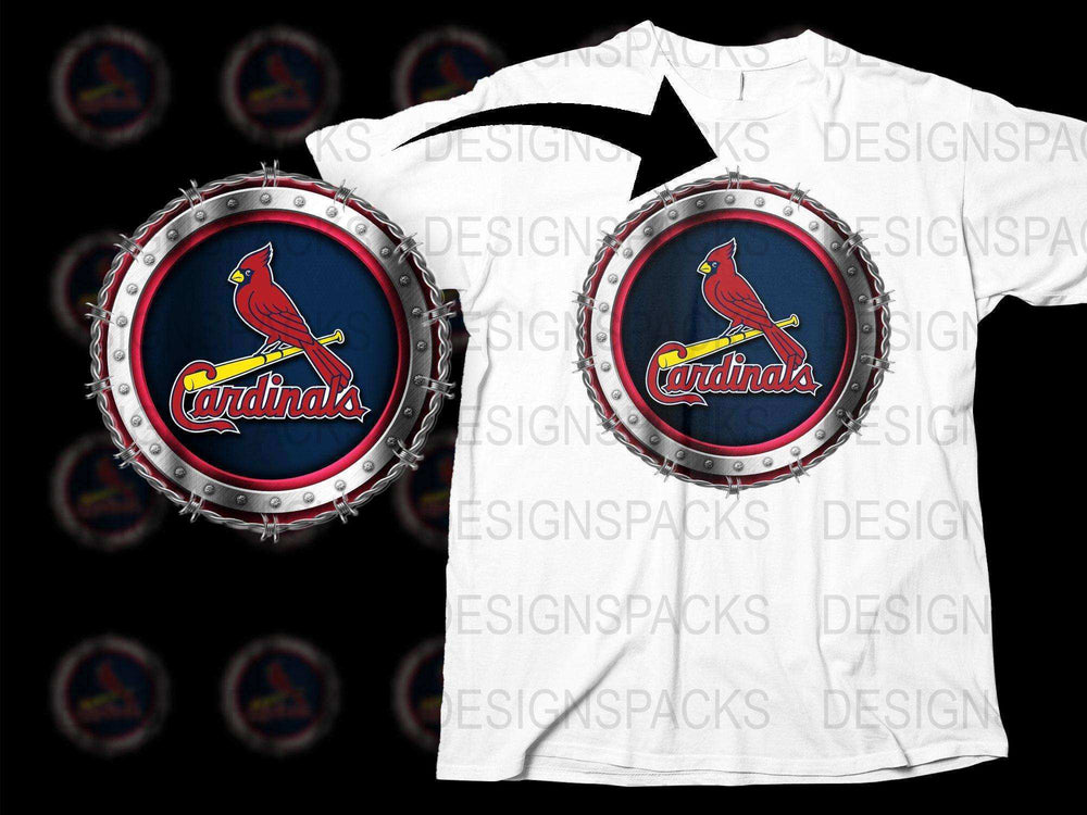 Cardinals baseball logo t-shirt design with metallic frame, ideal for DTF/DTG printing