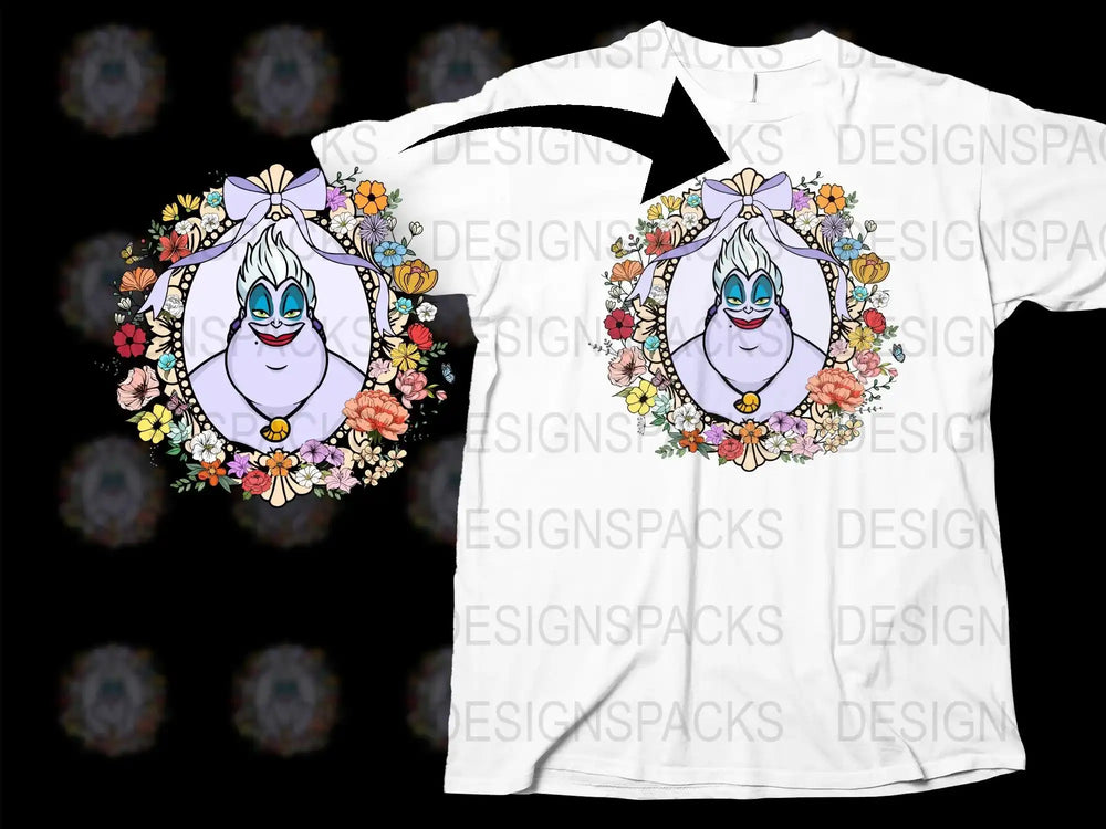 Ursula Disney villain floral wreath design for t-shirt, print-ready PNG SVG for DTG DTF