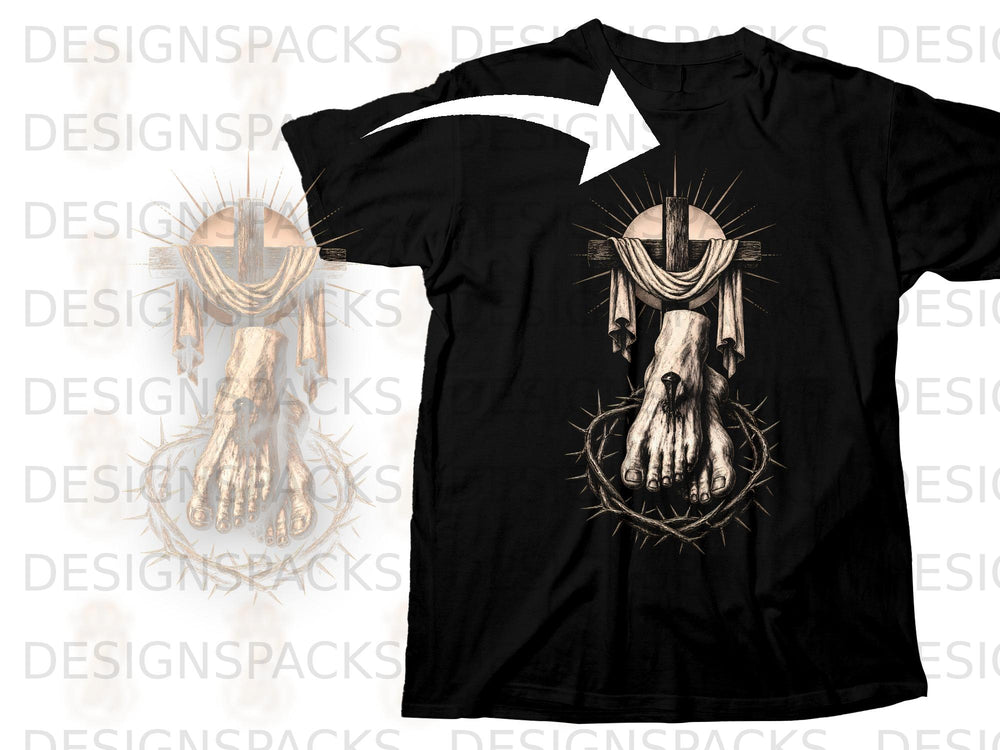 Black t-shirt with a graphic of Jesus' foot pierced by a nail on a cross surrounded by thorns.