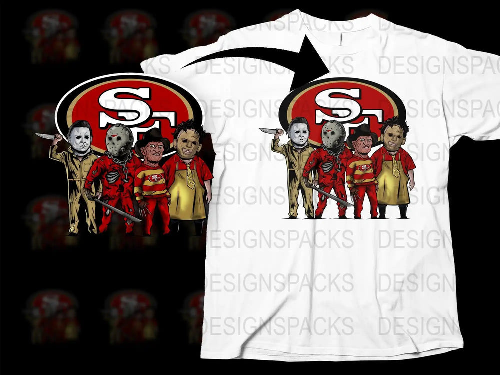 Horror movie characters in San Francisco 49ers gear on white t-shirt design