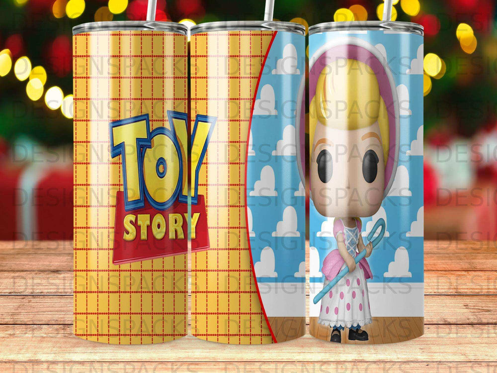 Toy Story tumbler with Woody, Buzz Lightyear, and Jessie characters.