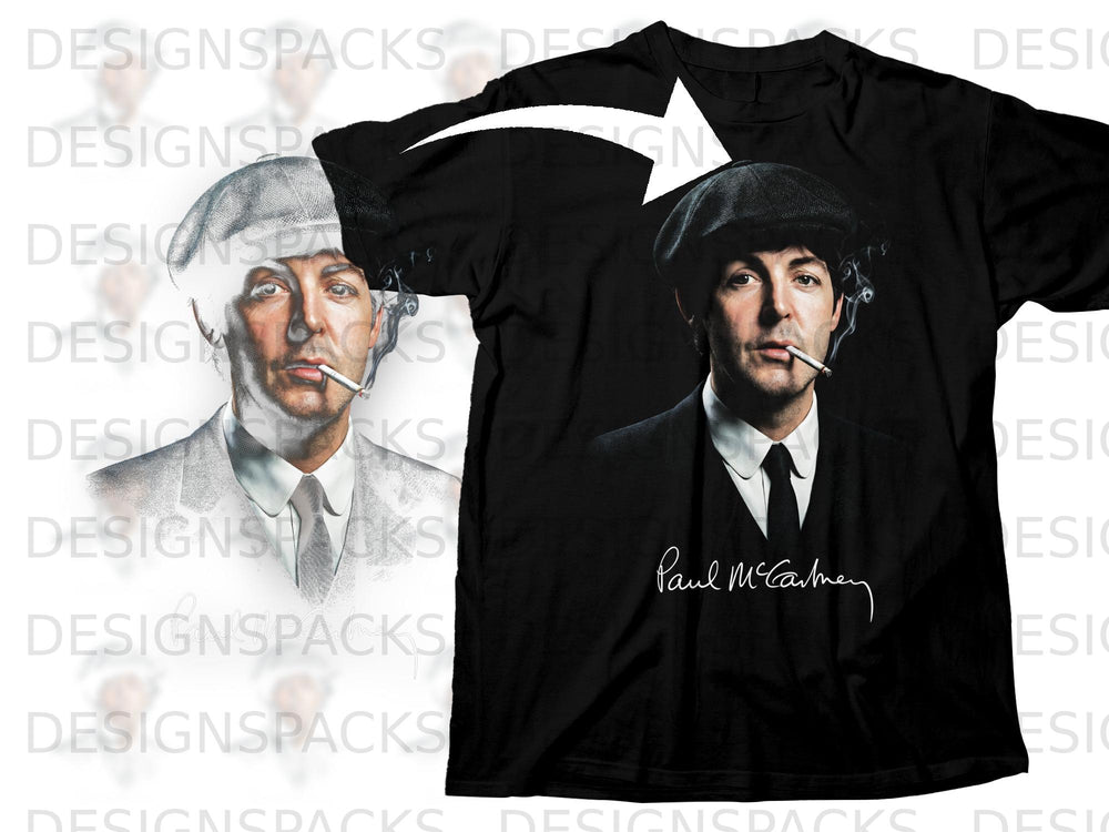 Black t-shirt with a portrait of Paul McCartney wearing a cap and smoking.