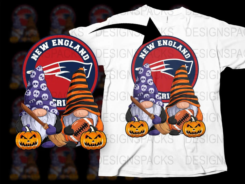 Halloween gnomes with New England Patriots logo, pumpkins, and football on white t-shirt design
