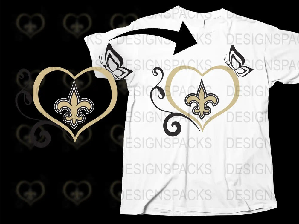 Fleur-de-Lis Gold Heart T-Shirt, Stylish Unisex White Tee, Fashionable Graphic Design, Trendy Casual Wear