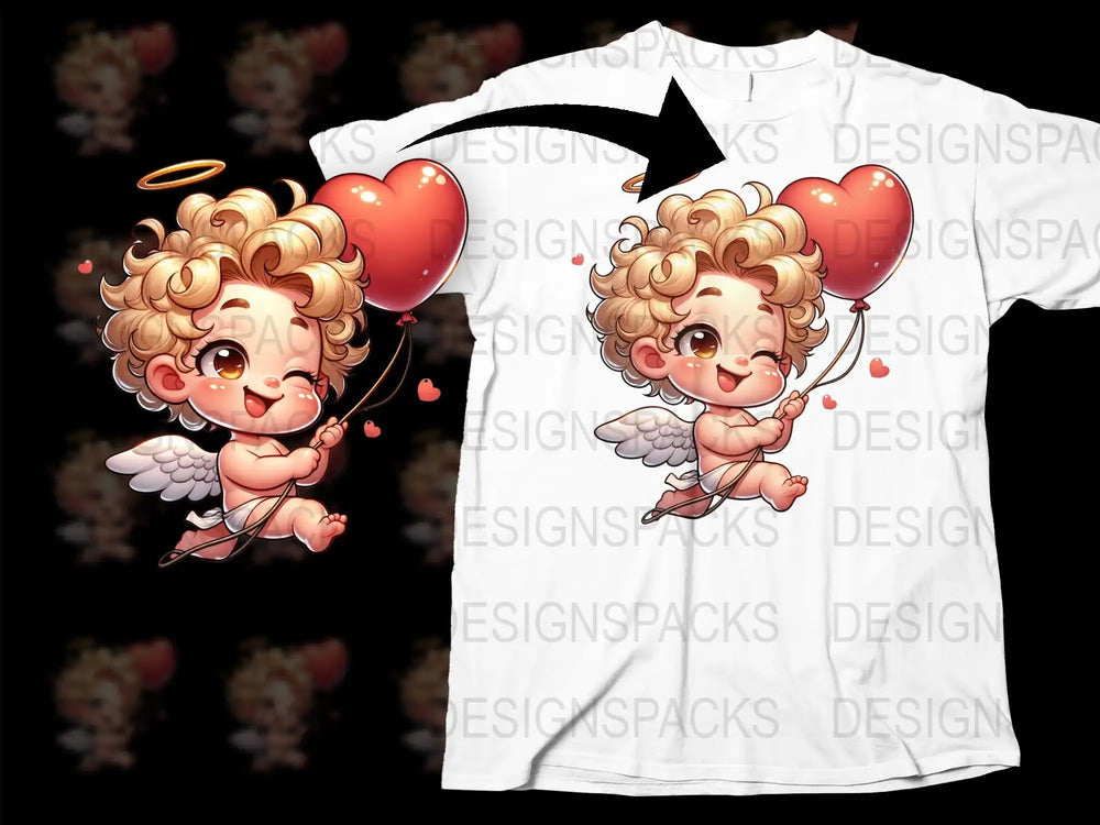 Cute Cupid with heart balloon design for t-shirts, perfect for Valentine's Day print projects.