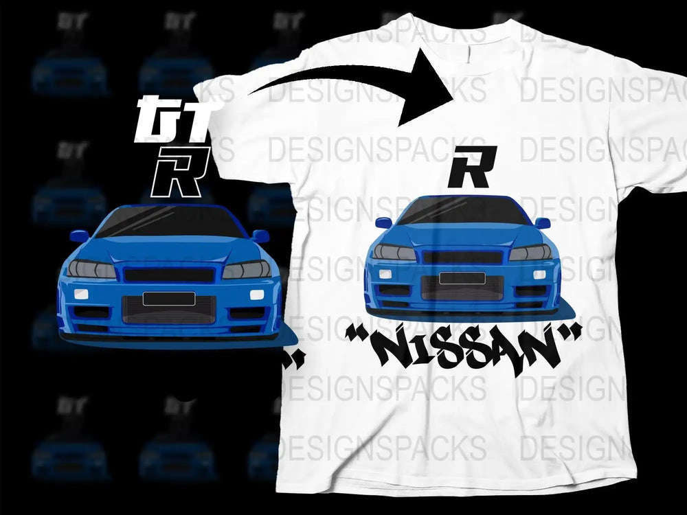 Blue Nissan GT-R car graphic t-shirt design, print-ready for DTF DTG, featuring bold 'R' and 'NISSAN' text