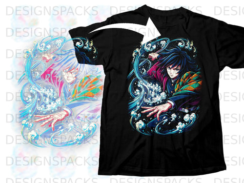 Black t-shirt with anime character art featuring water and a sword.