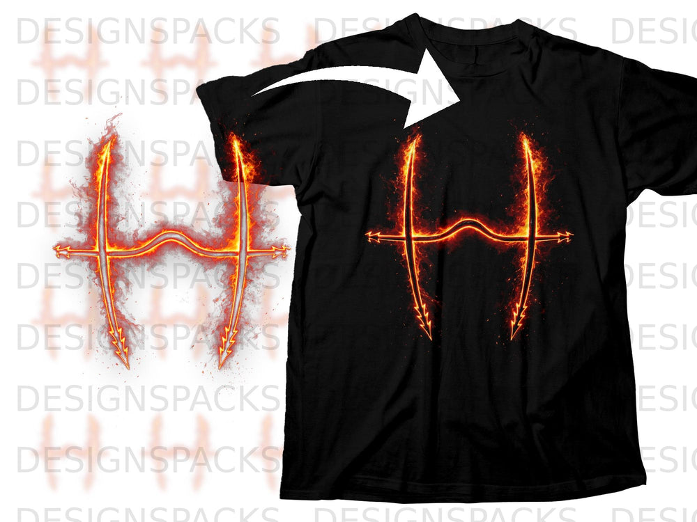 Black t-shirt with a flaming "H" symbol and crossed arrows graphic.
