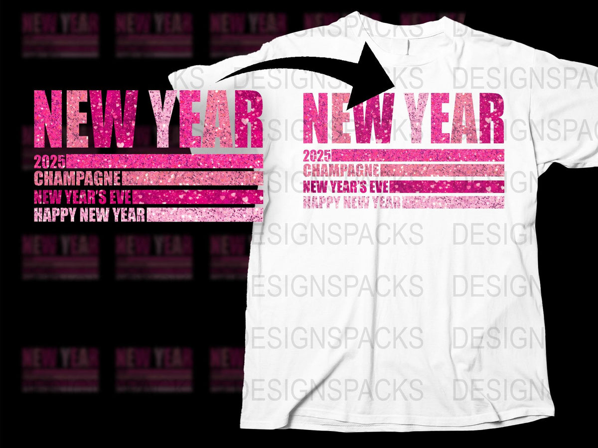 New Year 2025 T-Shirt, Champagne Toast, Happy New Year, Glitter Design, Festive Party Outfit, Unisex White Tee