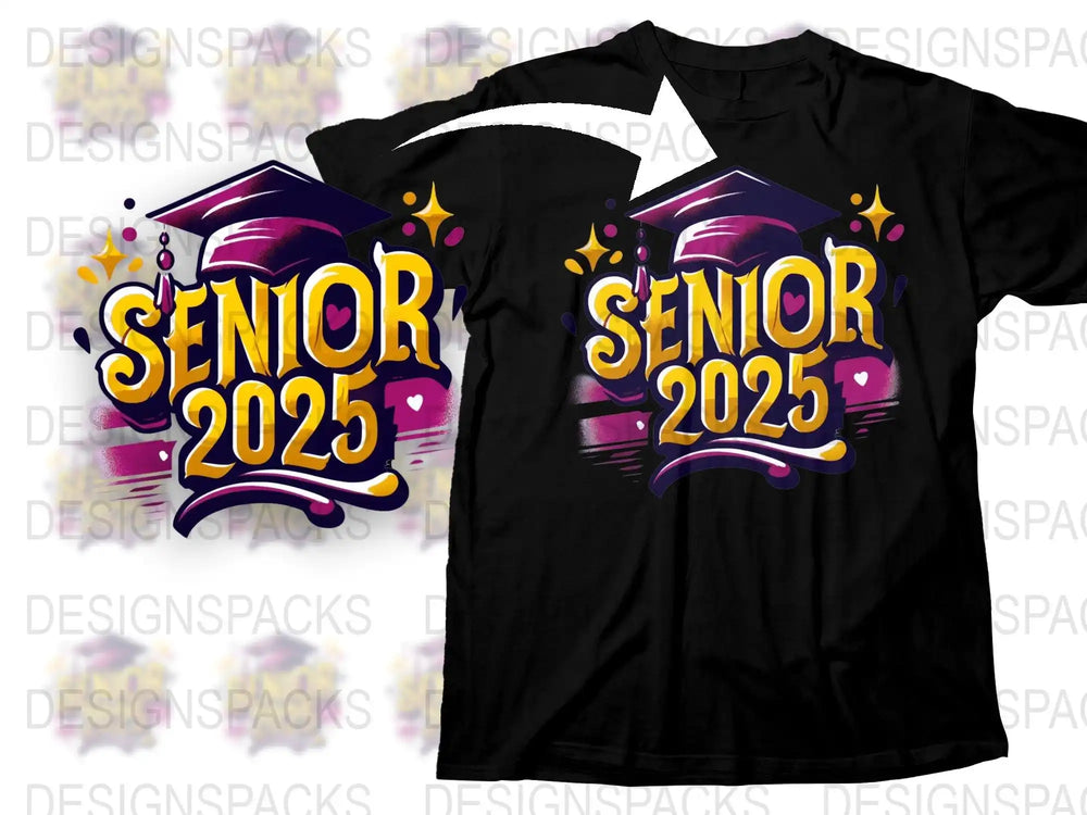 Senior 2025 graduation design on black t-shirt with purple cap and gold text