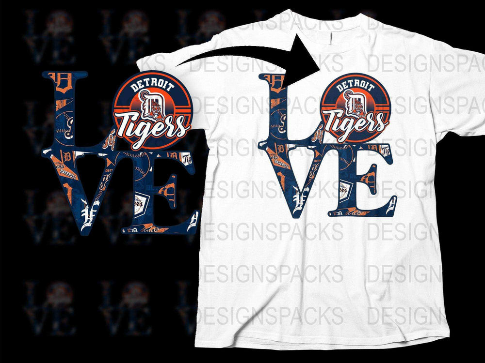Detroit Tigers LOVE design on white t-shirt, perfect for DTF/DTG printing