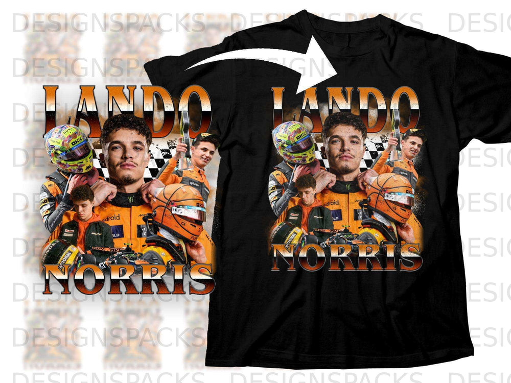 Lando Norris t-shirt design with driver photos and racing logos.