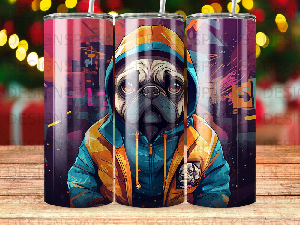 Pug in a hooded jacket, close-up against a colorful, abstract urban background.