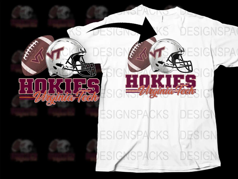 Virginia Tech Hokies football helmet and ball design on white t-shirt, print-ready graphic