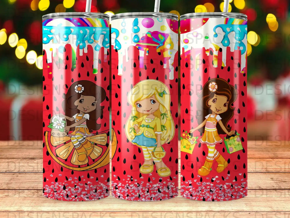 Strawberry Shortcake and friends with fruit and shopping bags.