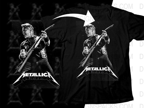 Metallica band t-shirt design with guitarist, print-ready for DTF/DTG, black and white graphic
