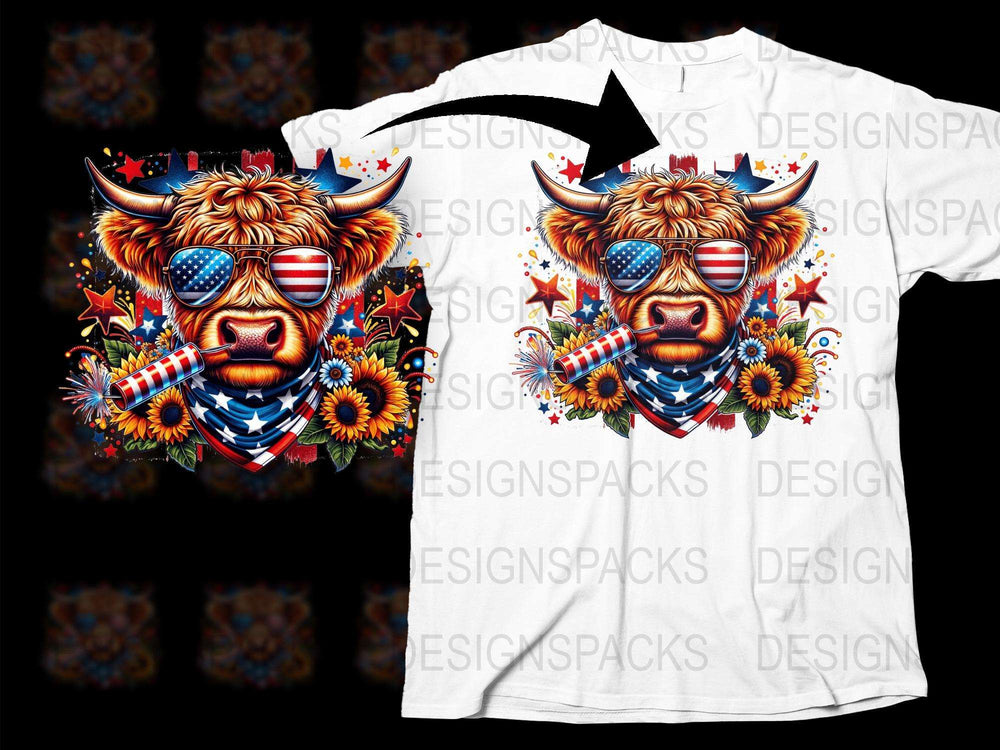 Patriotic Bull T-Shirt with American Flag Sunglasses and Fireworks Graphic Tee