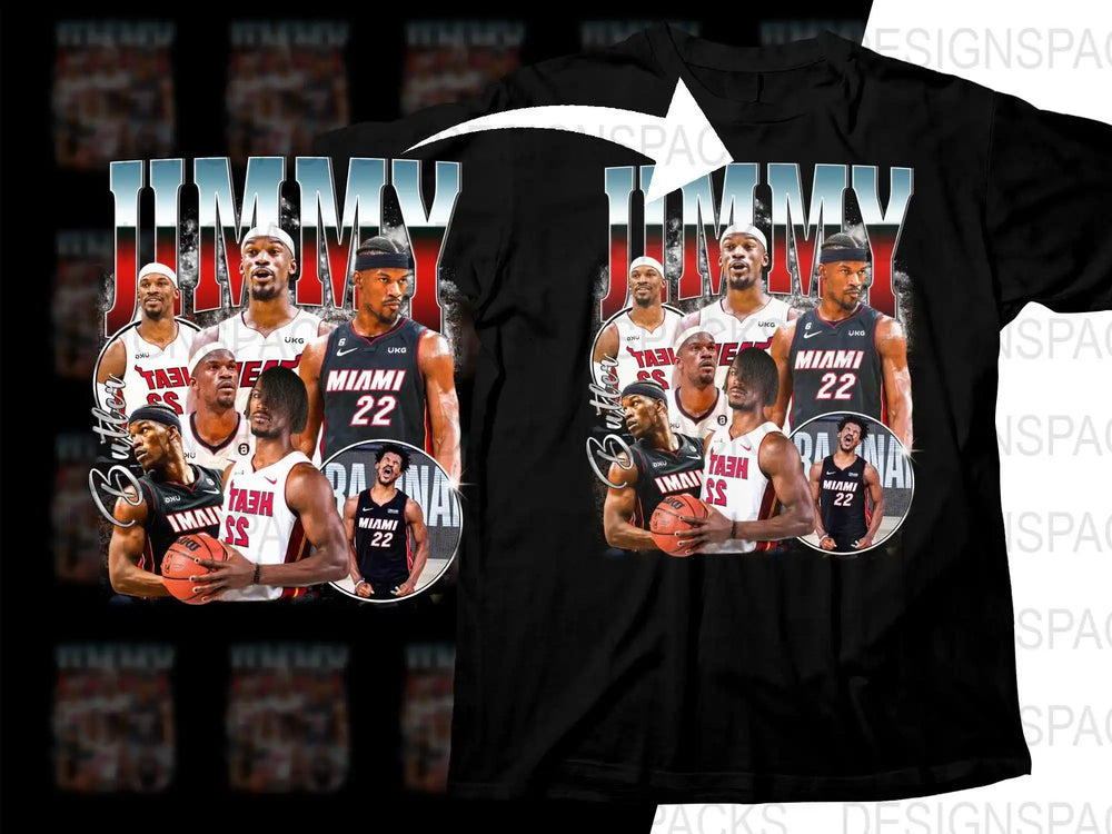 Jimmy Butler Miami Heat basketball t-shirt design with player collage and team graphics