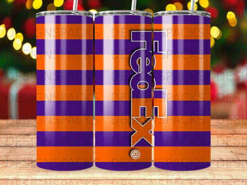 Purple and orange striped tumbler with a large FedEx logo.