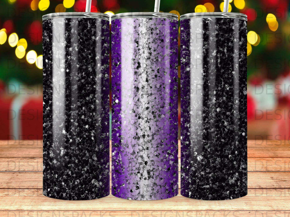 Three tumblers with purple and black glitter designs.